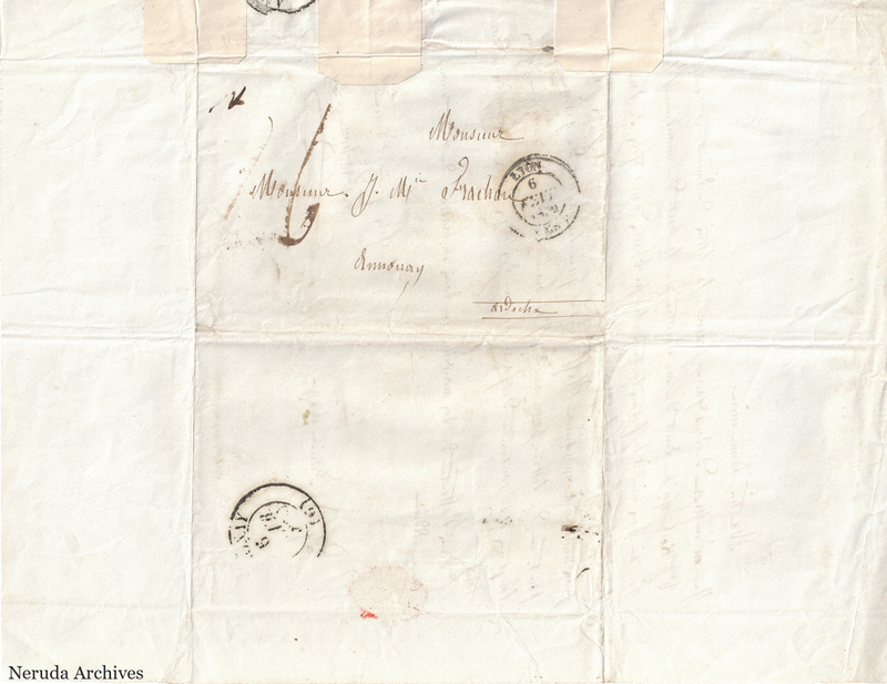 NRA-L-000553 image 1 showing a folded address panel to a Frachon correspondent with postal marks, routing notes, seals, folds and retained annotations.