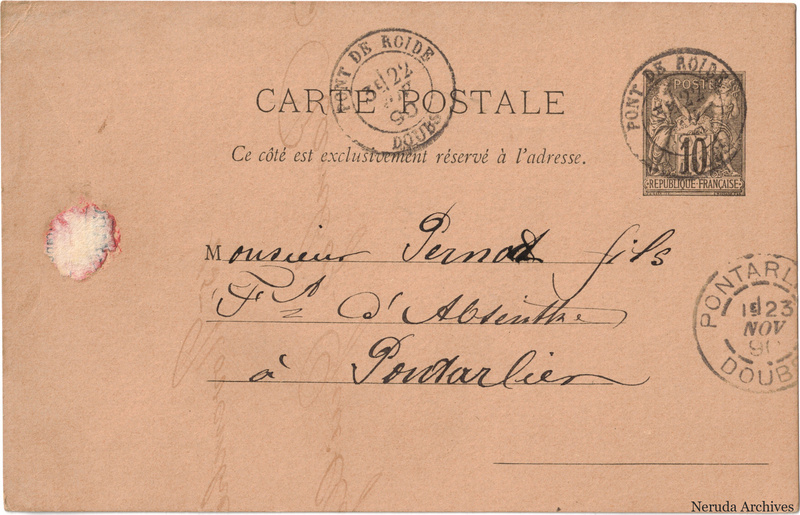 NRA-L-000248 image 1 showing the address side of a postcard sent by L. Basserot, Café National to Pernod Fils, with contemporary postal and business marks.