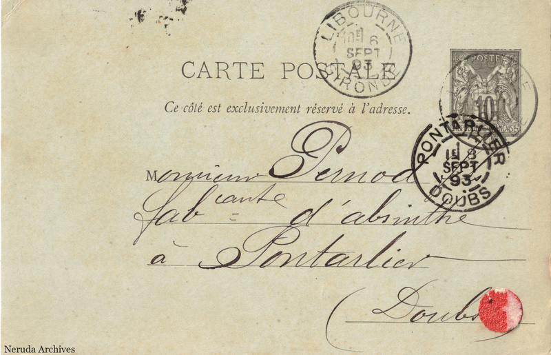 NRA-L-000207 image 1 showing the address side of a postcard sent by H. Morcaud to Pernod Fils, with contemporary postal and business marks.