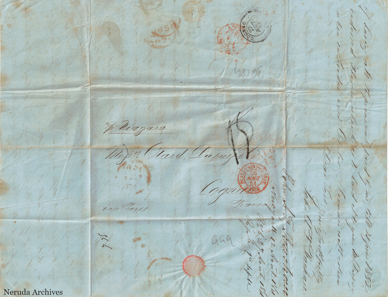 NRA-L-000411 image 1 showing a folded address panel to Otard Dupuy & Co in Cognac, with routing instructions, postal marks and manuscript docketing.