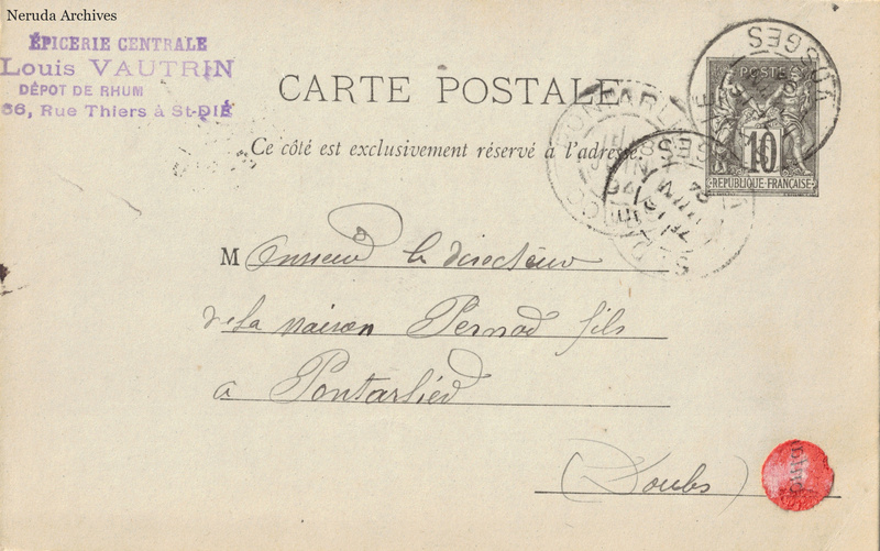 NRA-L-000183 image 1 showing the postcard address panel to Pernod fils in Pontarlier, with postage stamp, postmarks and the sender's business mark.