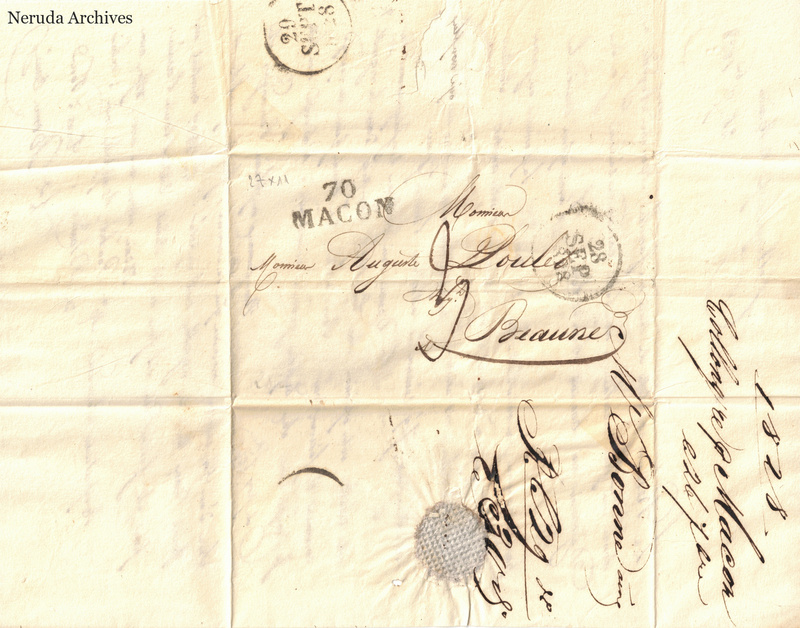 NRA-L-000068 image 1 showing an address panel to Beaune with postal marks, a seal and docketing.