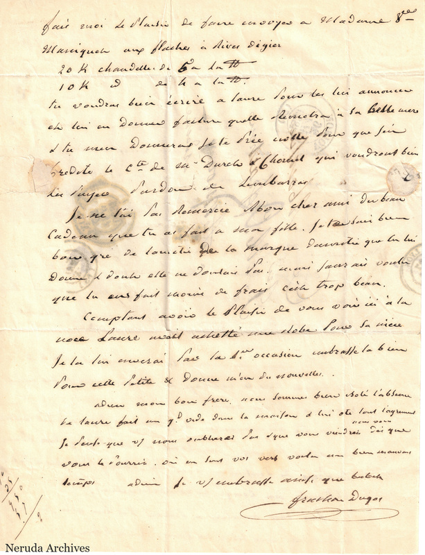 NRA-L-000505 image 3 showing a handwritten French letter continuation with closing, signature, later notes, folds and paper edges.