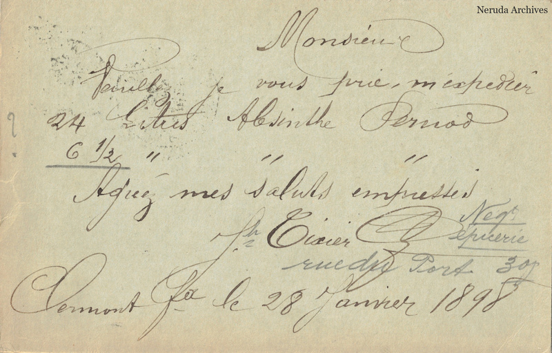 NRA-L-000332 image 2 showing the handwritten message from Joseph Tixier to Pernod Fils, with contemporary annotations and the sender's signature or business mark.