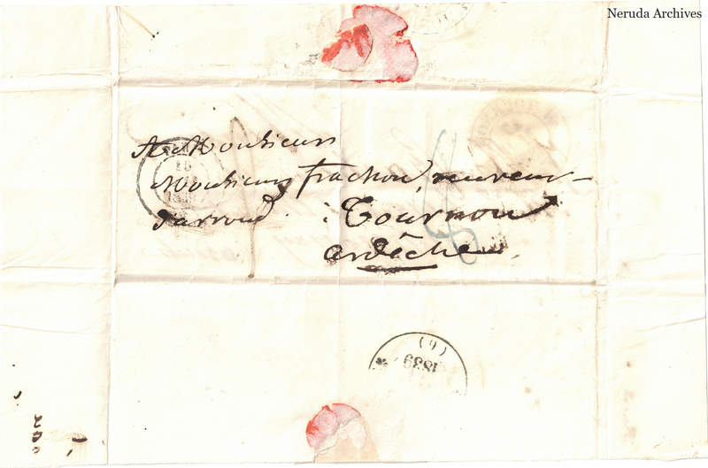 NRA-L-000536 image 2 showing a folded address panel to a Frachon correspondent with postal marks, forwarding notes, seals and visible folds.