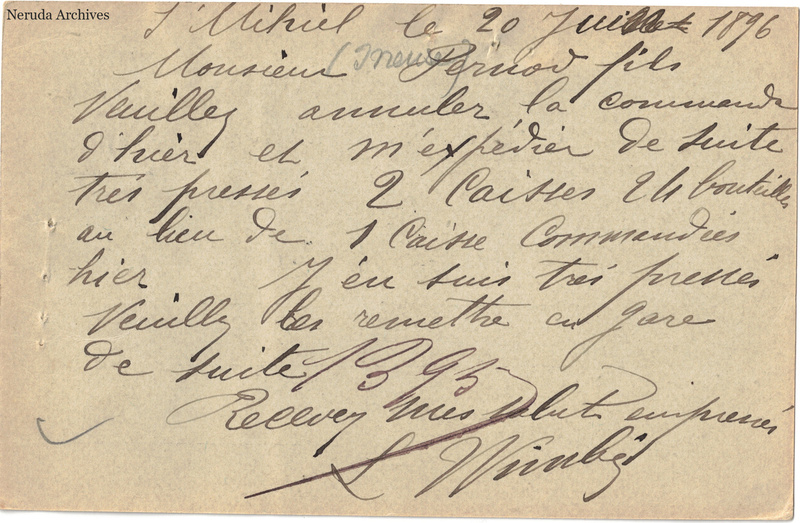 NRA-L-000250 image 2 showing the handwritten message from L. Wimbée, Wimbée-Boucher to Pernod Fils, with contemporary annotations and the sender's signature or business mark.