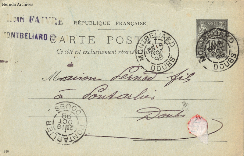 NRA-L-000257 image 1 showing the address side of a postcard sent by Henri Faivre to Pernod Fils, with contemporary postal and business marks.