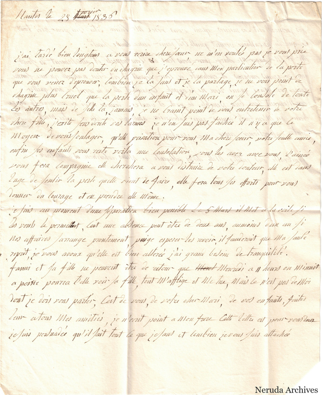 NRA-L-000056 image 2 showing the opening page of a French letter dated 28 February 1836, with folds and a clipped lower-right corner.