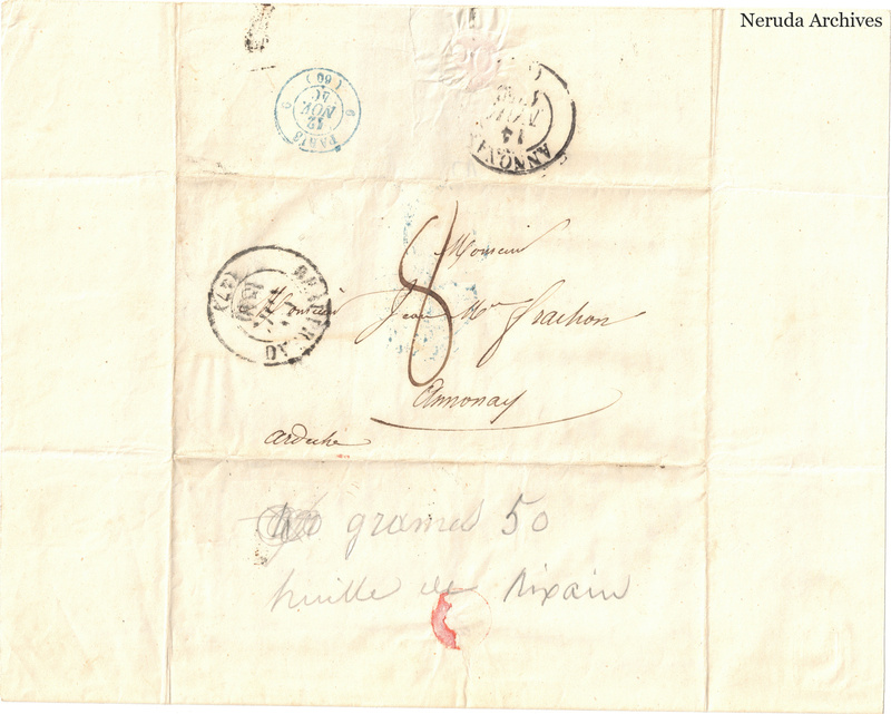 NRA-L-000599 image 1 showing a folded address panel to a Frachon correspondent at Annonay, with handwritten delivery address, postal marks, sealing evidence, folds and retained annotations.