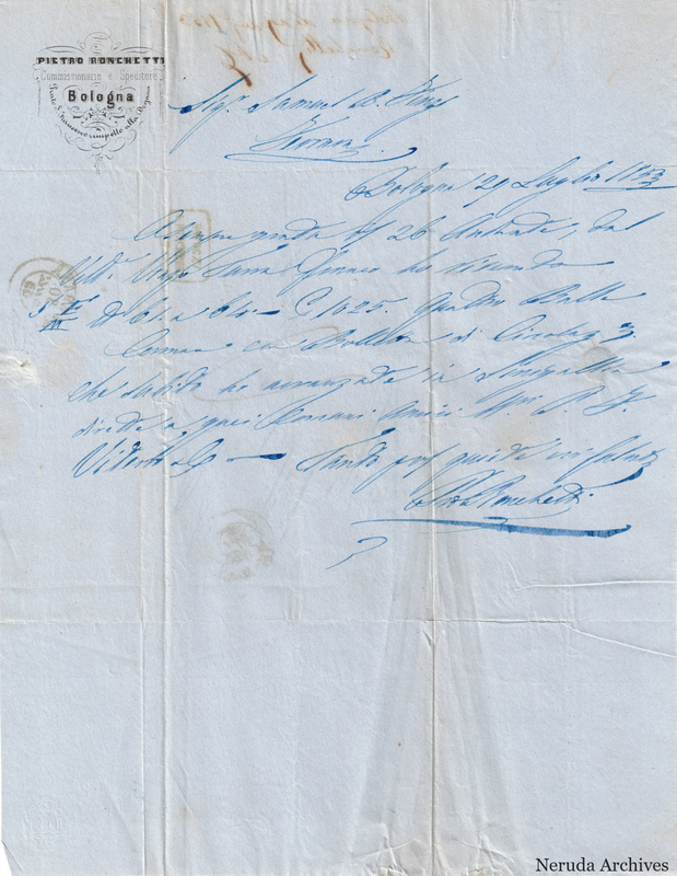 NRA-L-000760 image 2 showing Pietro Ronchetti's business letter from Bologna dated 1863-07-29, with signature in blue ink.