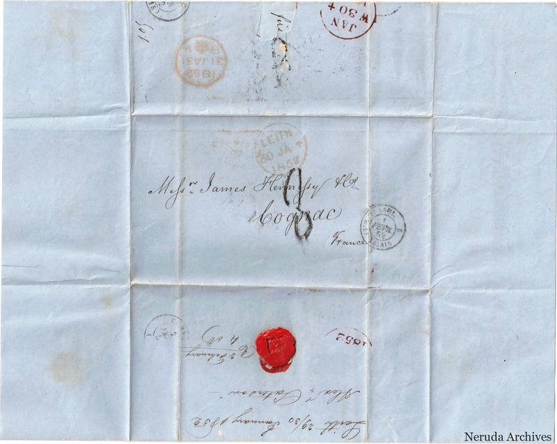 NRA-L-000401 image 1 showing a blue folded address panel to James Hennessy fils in Cognac, with multiple postal marks, a red seal and docketing.