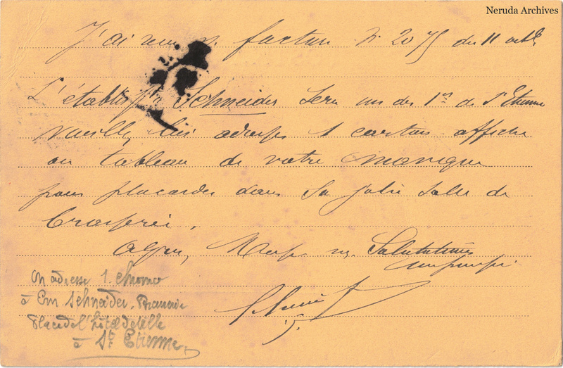 NRA-L-000163 image 2 showing a French business message with an ink blot, signature, sender cachet and pencil calculation.