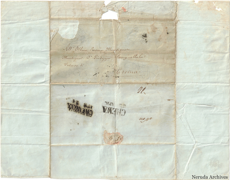 NRA-L-000631 image 1 showing a folded address panel to a Sanguettola correspondent, with handwritten delivery details, postal marks, sealing evidence, annotations and complete surviving paper edges.