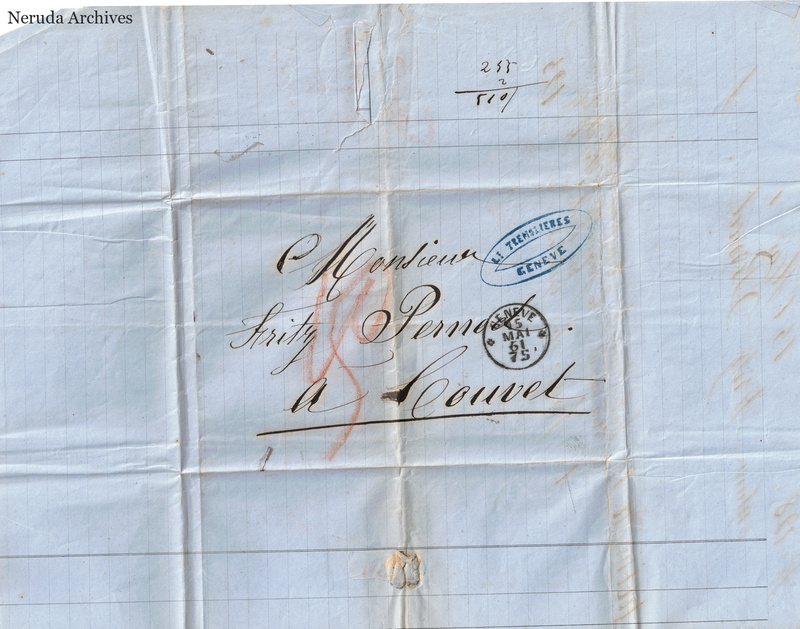 NRA-L-000087 image 1 showing the folded address panel to Fritz Pernod in Couvet with Geneva postal marks, a blue merchant stamp, red rate notation and docketing.
