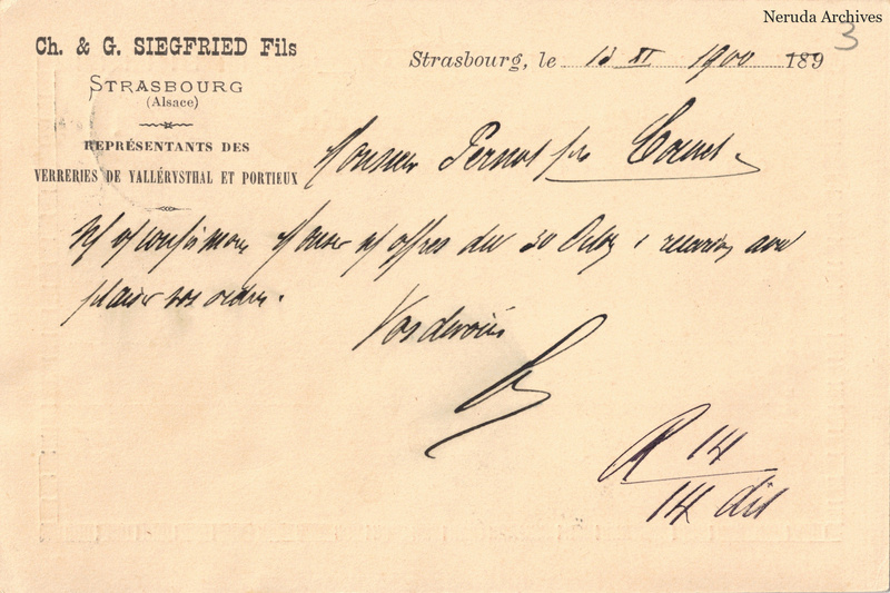 NRA-L-000162 image 2 showing a brief French business message on Ch. and G. Siegfried Fils letterhead from Strasbourg, with signatures.