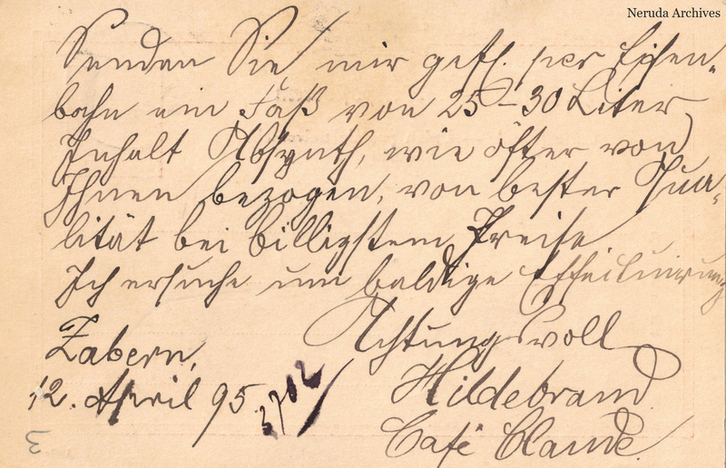 NRA-L-000168 image 2 showing a German business message dated 12 April 1895, signed Hildebrand and accompanied by a later numeric annotation.