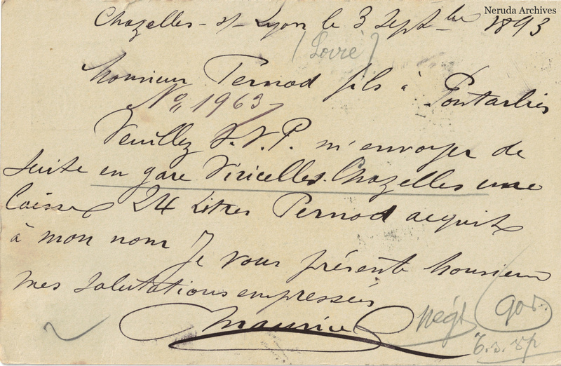 NRA-L-000195 image 2 showing the handwritten message from P. Maurice to Pernod Fils, with contemporary annotations and the sender's signature or business mark.