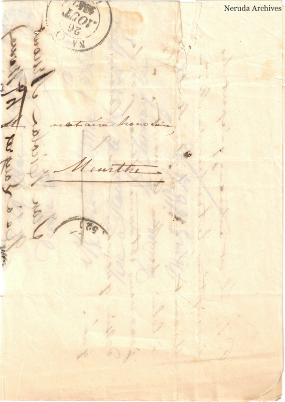 NRA-L-000046 image 1 showing the folded address side with circular postal marks and later handwritten annotations.