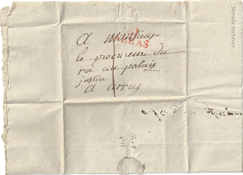 NRA-L-000038 image 1 showing address to the King's Prosecutor at the Palace of Justice in Arras, with postal and archival markings.