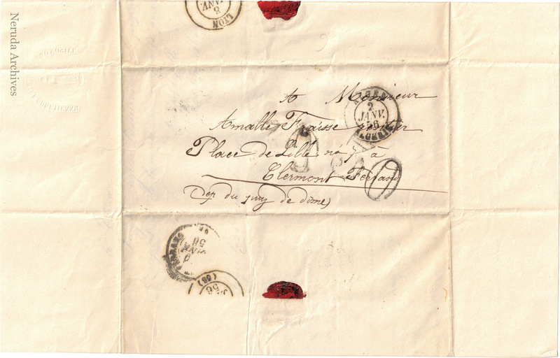 NRA-L-000019 image 1 showing the address panel, postal marks and seal remnants for Caroline Malye's letter to Amable Fraisse in Clermont-Ferrand.