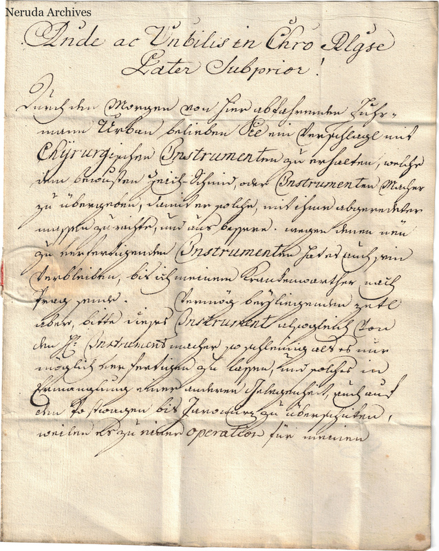 NRA-L-000050 image 2 showing the first handwritten Latin letter page headed Inde ac Vinculis in Chro on folded paper.
