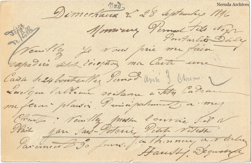 NRA-L-000318 image 2 showing the complete handwritten or printed postcard message, with contemporary annotations and the sender's signature or business mark.