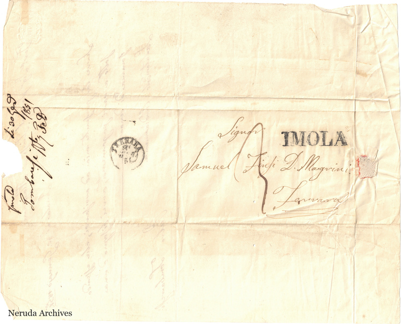 NRA-L-000689 image 1 showing the delivery address, postal evidence and docket of Pietro Lombardi's letter dated 30 January 1851.