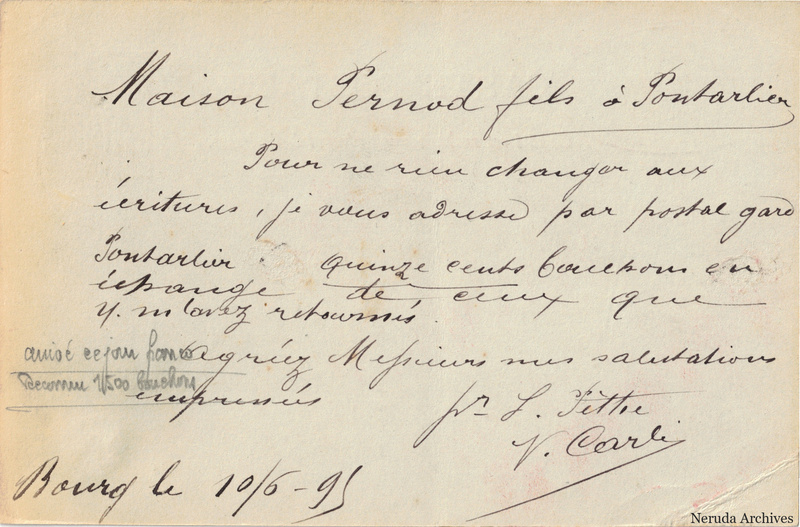 NRA-L-000293 image 2 showing the handwritten message from V. Carli, for L. Pethe to Pernod Fils, with contemporary annotations and the sender's signature or business mark.