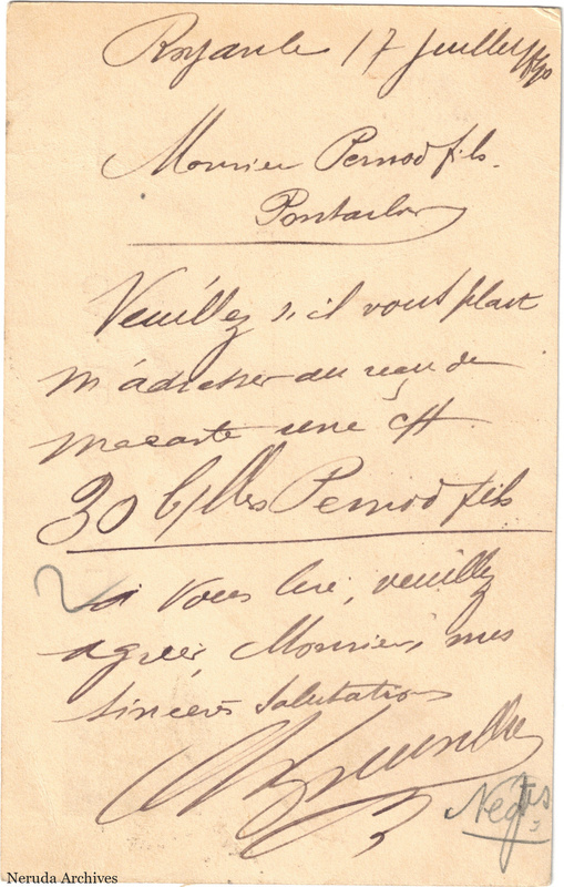 NRA-L-000256 image 2 showing the handwritten message from Ch. Greusillier, Distillerie Royannaise to Pernod Fils, with contemporary annotations and the sender's signature or business mark.