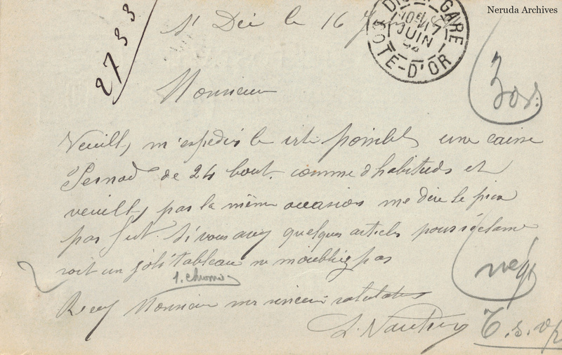 NRA-L-000183 image 2 showing the handwritten postcard message sent from Saint-Dié, with absinthe-trade correspondence and the sender's signature.