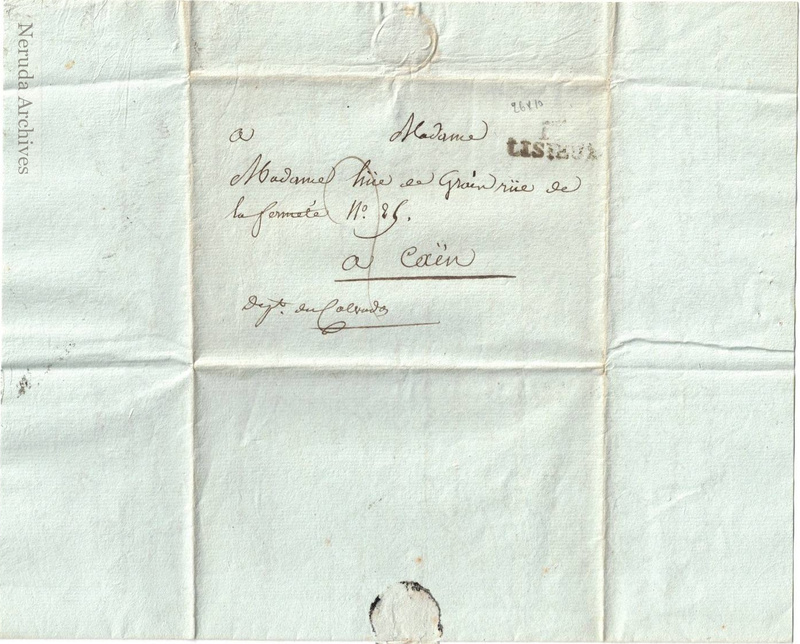 NRA-L-000008 image 1 showing the address panel and exterior postal marks of Coutain's 1806 letter to Madame Hue de Grandrue in Caen.