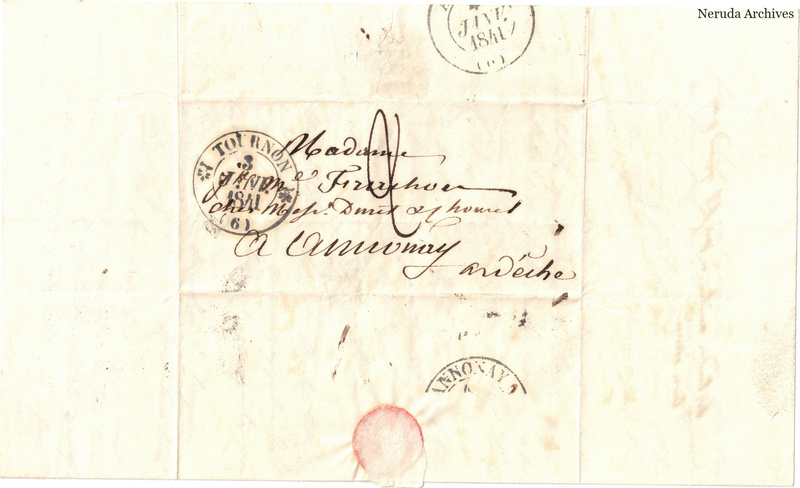 NRA-L-000600 image 1 showing a folded address panel to a Frachon correspondent at Annonay, with handwritten delivery address, postal marks, sealing evidence, folds and retained annotations.