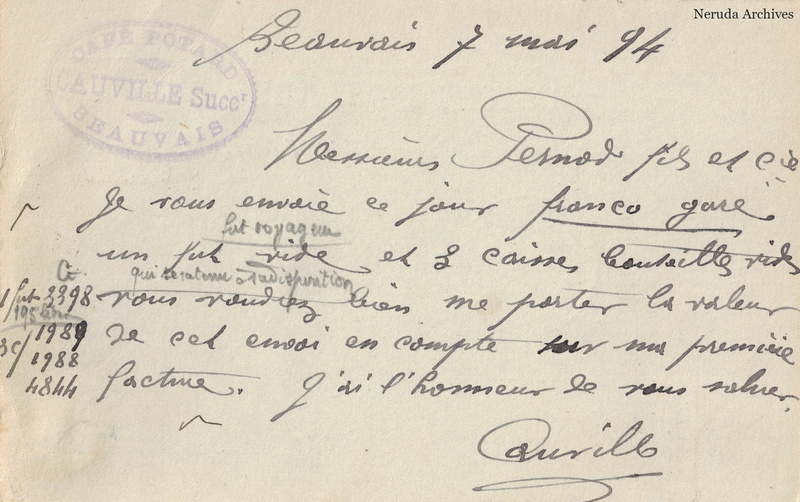 NRA-L-000177 image 2 showing the handwritten postcard message sent from Beauvais, with absinthe-trade correspondence and the sender's signature.