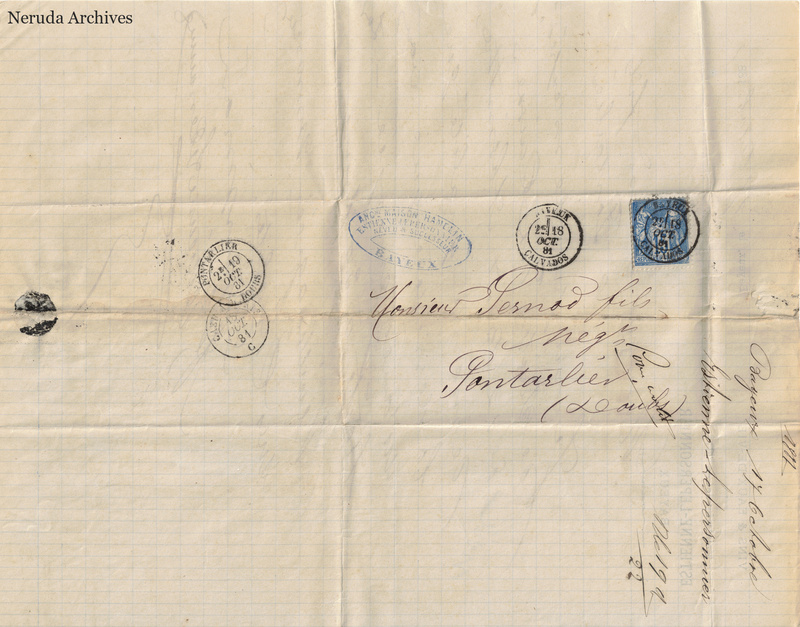 NRA-L-000627 image 2 showing the address to Pernod fils in Pontarlier, a blue business cachet and the Bayeux docket.