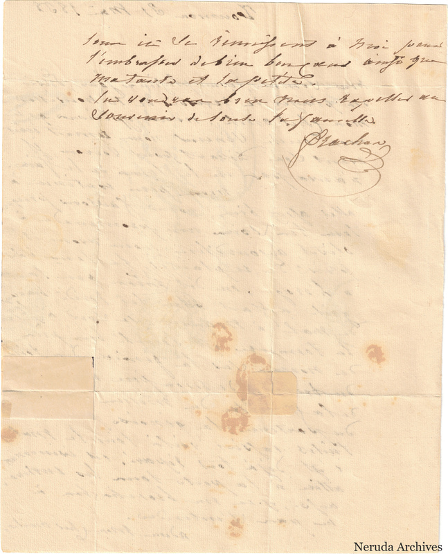 NRA-L-000530 image 3 showing a handwritten French letter continuation with closing, signature, later notes, folds and paper edges.