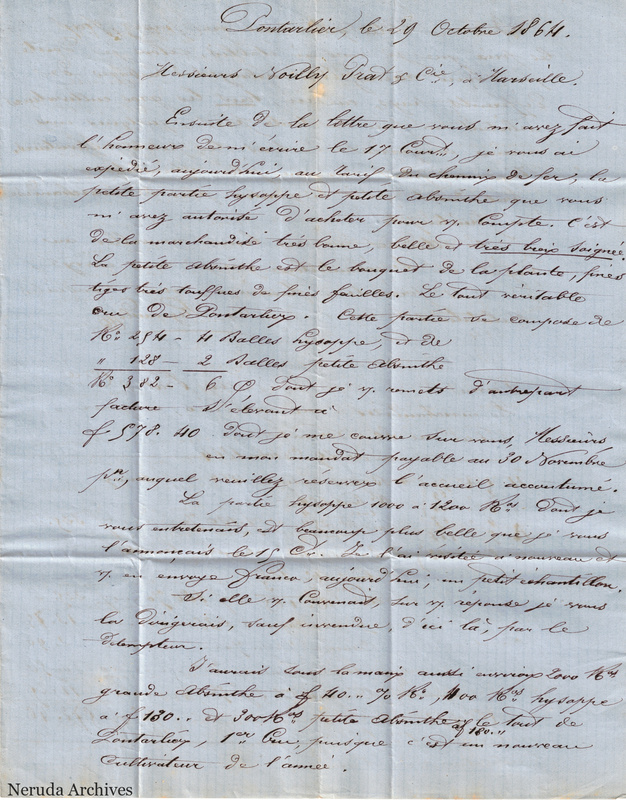 NRA-L-000146 image 2 showing the first page of a handwritten commercial letter from Pontarlier to Noilly Prat and Company, with dated heading, absinthe quantities and prices, folds and show-through.