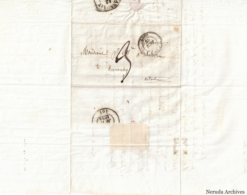 NRA-L-000551 image 1 showing a folded address panel to a Frachon correspondent with postal marks, routing notes, seals, folds and retained annotations.