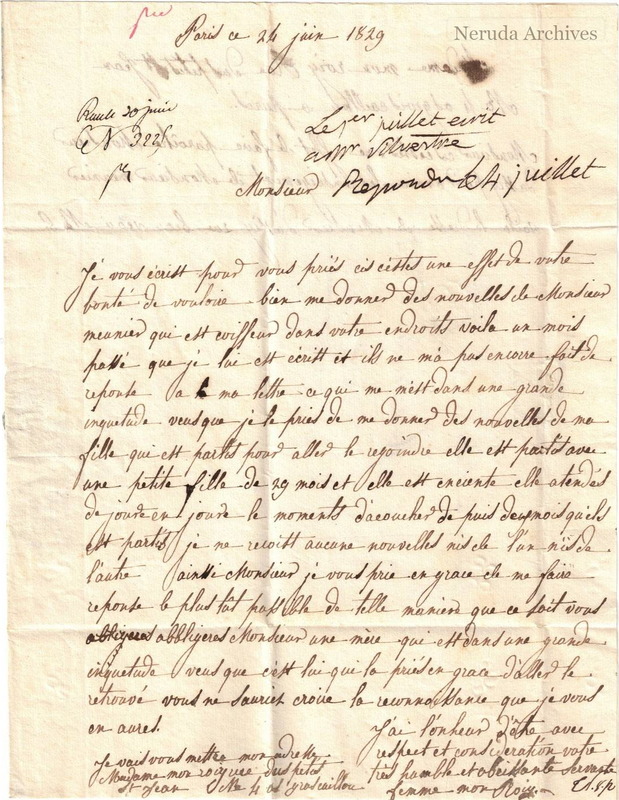 NRA-L-000007 image 2 showing the first page of Madame Monroiy's letter from Paris, dated 24 June 1829.
