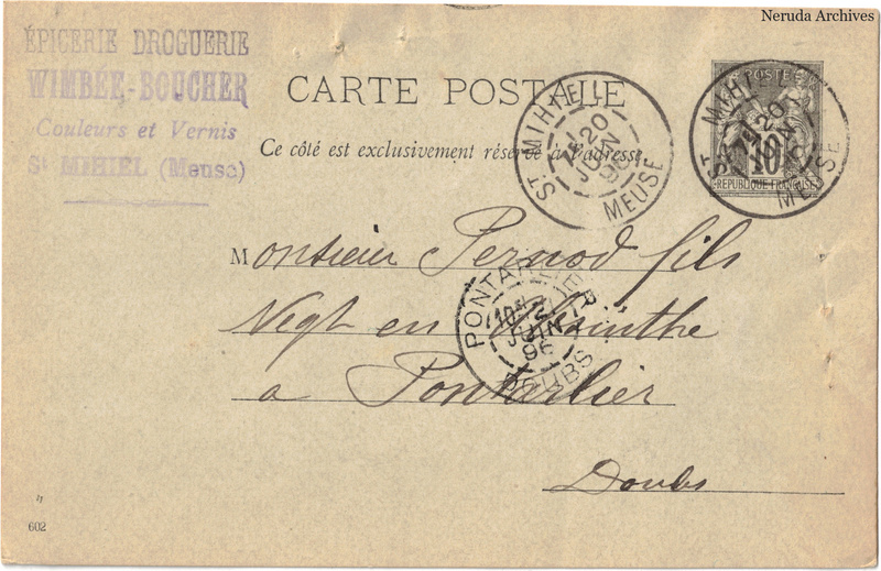 NRA-L-000250 image 1 showing the address side of a postcard sent by L. Wimbée, Wimbée-Boucher to Pernod Fils, with contemporary postal and business marks.