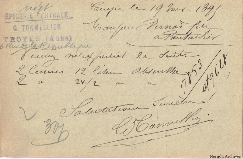 NRA-L-000201 image 2 showing the handwritten message from G. Tonnellier to Pernod Fils, with contemporary annotations and the sender's signature or business mark.