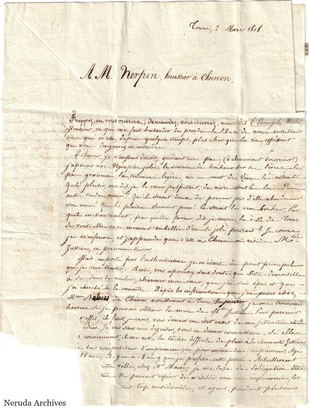 NRA-L-000671 image 2 showing a French handwritten letter on folded, partly damaged paper, text side 1.