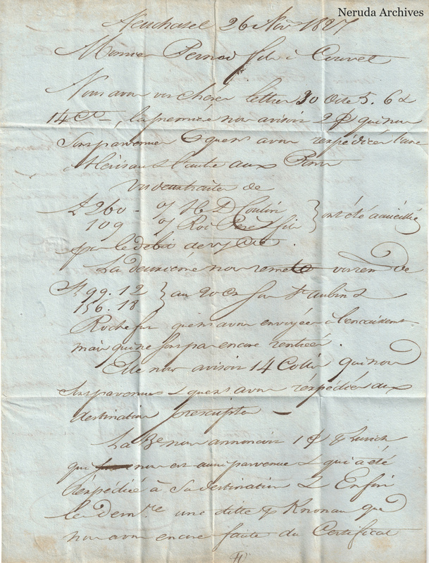 NRA-L-000082 image 2 showing the first side of a long French manuscript letter with a dated heading and commercial calculations.