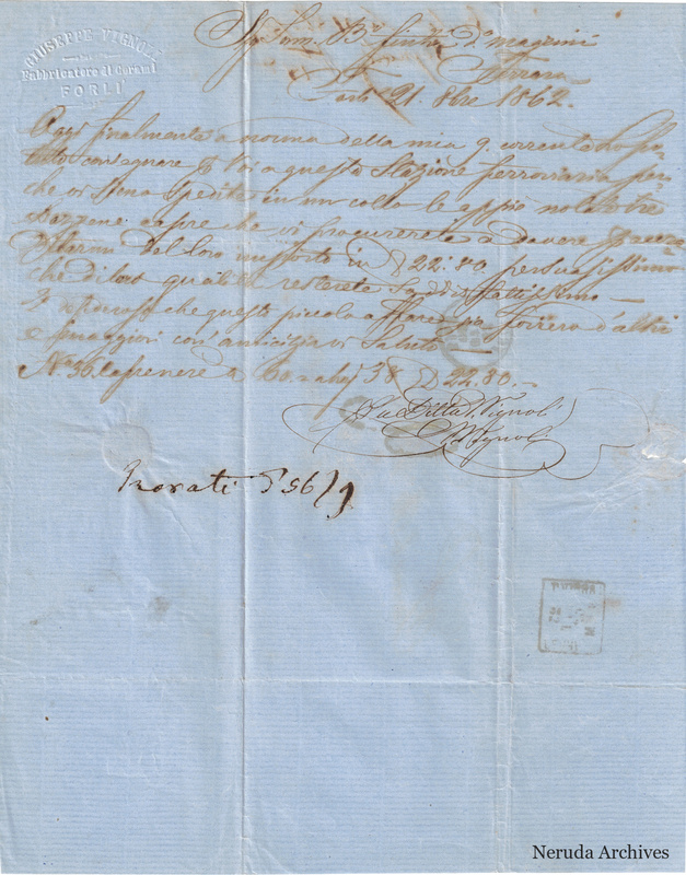 NRA-L-000715 image 2 showing the incoming Italian letter from the Vignoli firm in Forlì, with the handwritten signature and business text.