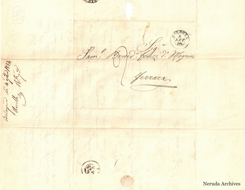 NRA-L-000705 image 1 showing the address panel, postal impressions, seal remains and filing evidence in the Bologna letter of 4 September1854.