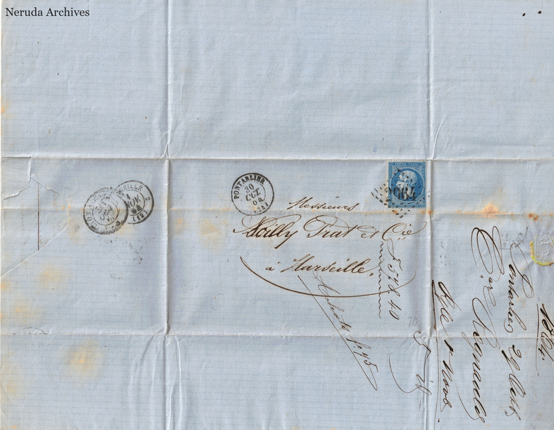 NRA-L-000146 image 1 showing a folded blue-paper address panel to Noilly Prat and Company in Marseille, with a postage stamp, multiple postal marks, manuscript docketing, folds and seal evidence.