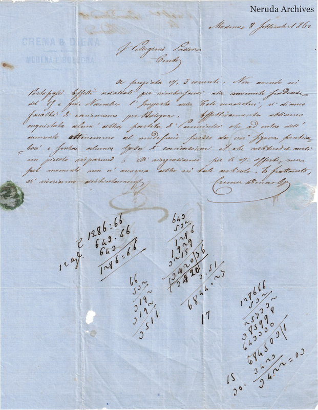 NRA-L-000754 image 2 showing the business letter dated 1862-09-08 from Modena, including the Crema and Diena heading, signature and separate calculations.