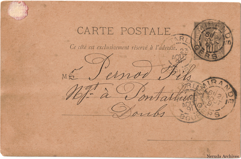 NRA-L-000246 image 1 showing the address side of a postcard sent by Abadie & Sempé to Pernod Fils, with contemporary postal and business marks.
