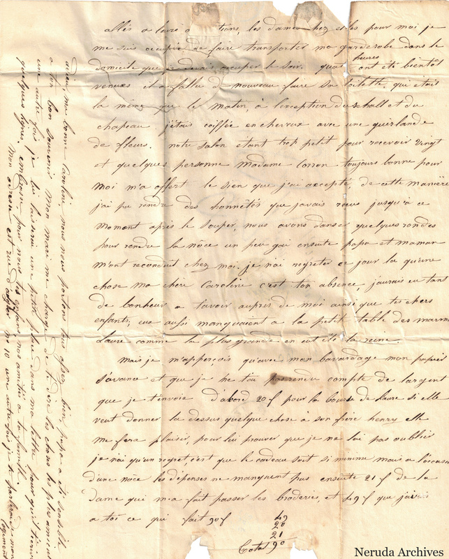 NRA-L-000059 image 4 showing the final French letter page with a vertical marginal passage, closing lines, a calculation and paper loss.