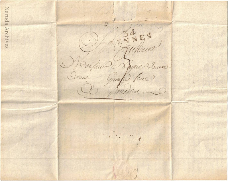 NRA-L-000013 image 1 showing the address panel, postal marks and exterior annotations for Flavie Duval's letter to Monsieur Noguès Jeune, avoué, in Redon.