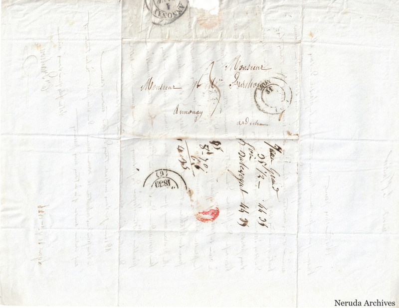 NRA-L-000555 image 1 showing a folded address panel to a Frachon correspondent with postal marks, routing notes, seals, folds and retained annotations.